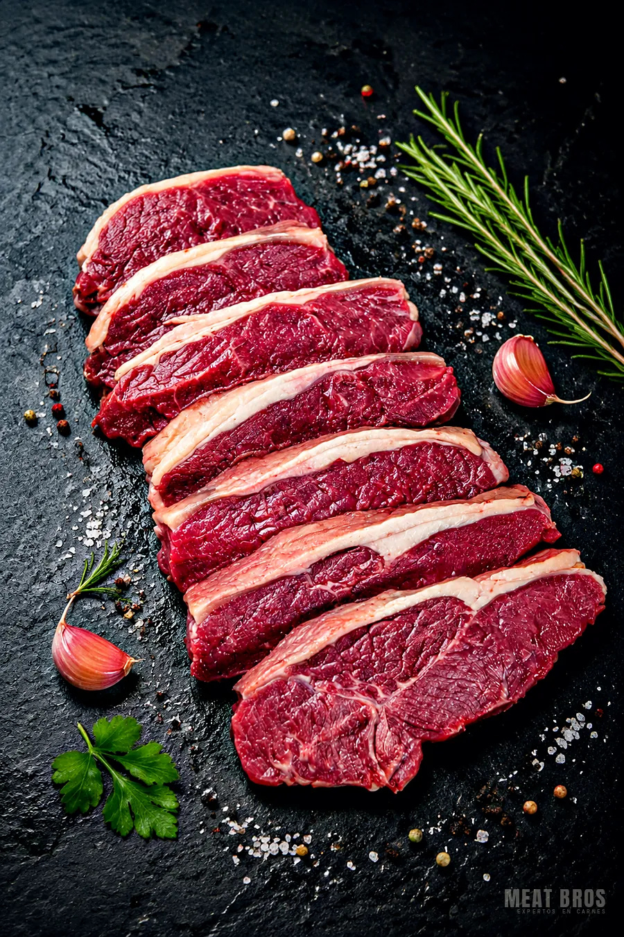 Churrasco de res porcionado en seis filetes con borde de grasa