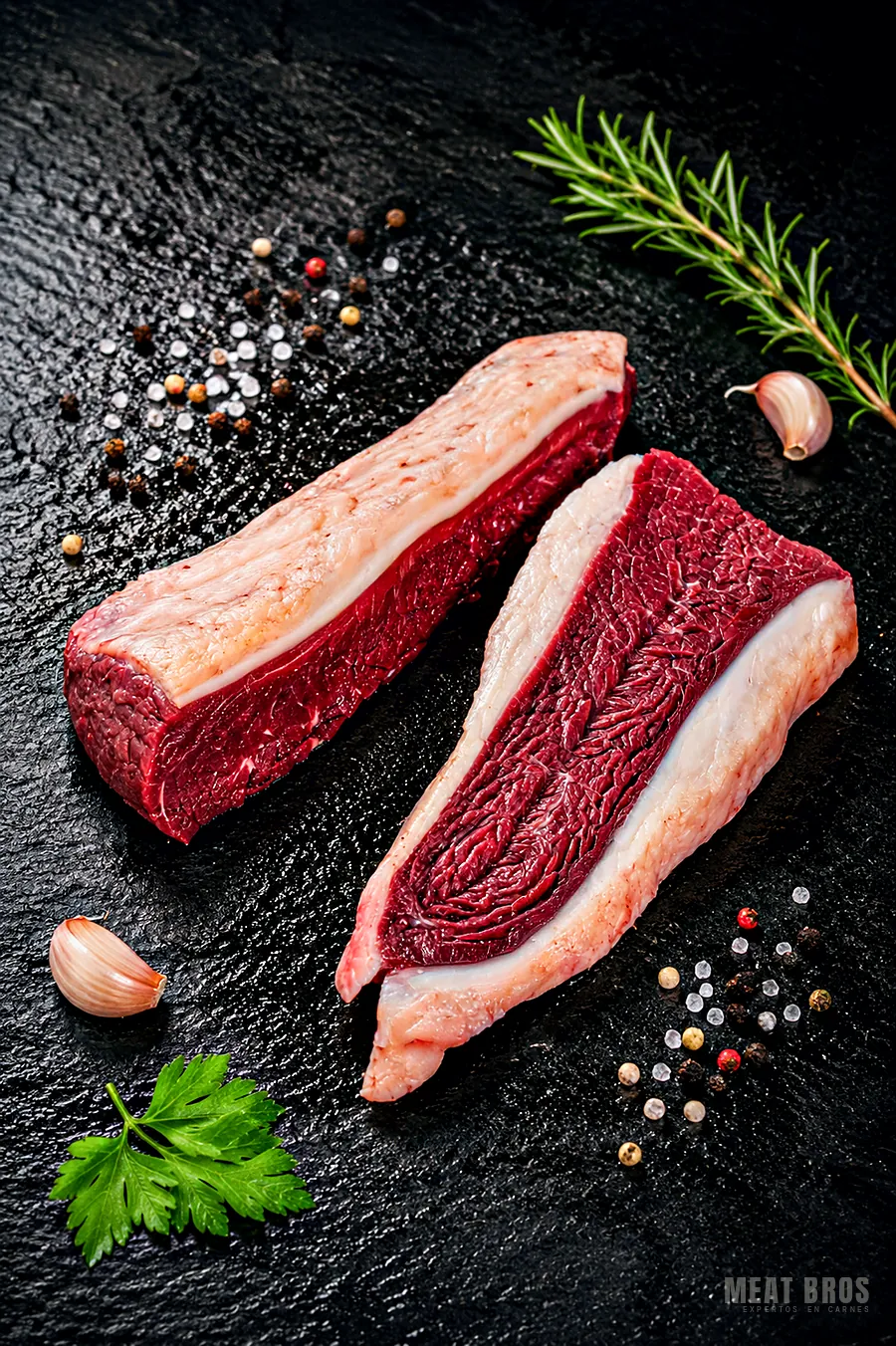 Punta de anca abierta en dos mitades que muestran la carne roja y la grasa